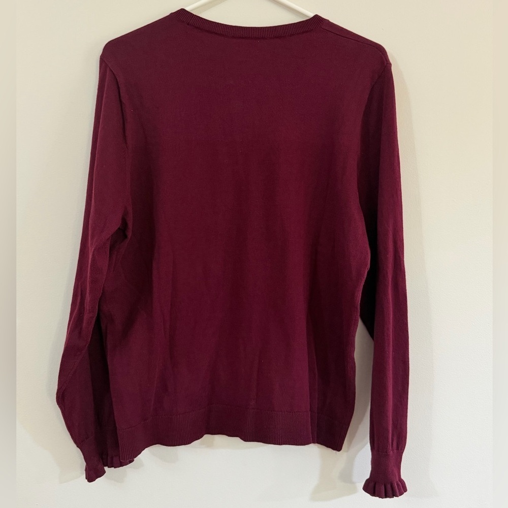 NWT J. Crew 100% Cotton Round Neck Sweater Maroon Button Shoulder Ruffled Preppy - Picture 9 of 12